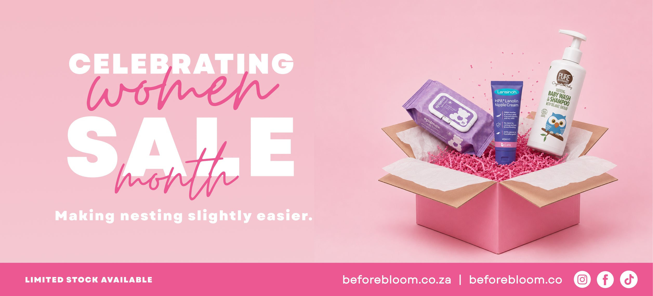 Promotional banner for a women's sale month, featuring an open pink box filled with skincare products including a purple packet, a blue tube, and a white pump bottle, set against a pink background with text reading 'Celebrating Women Sale Month'.
